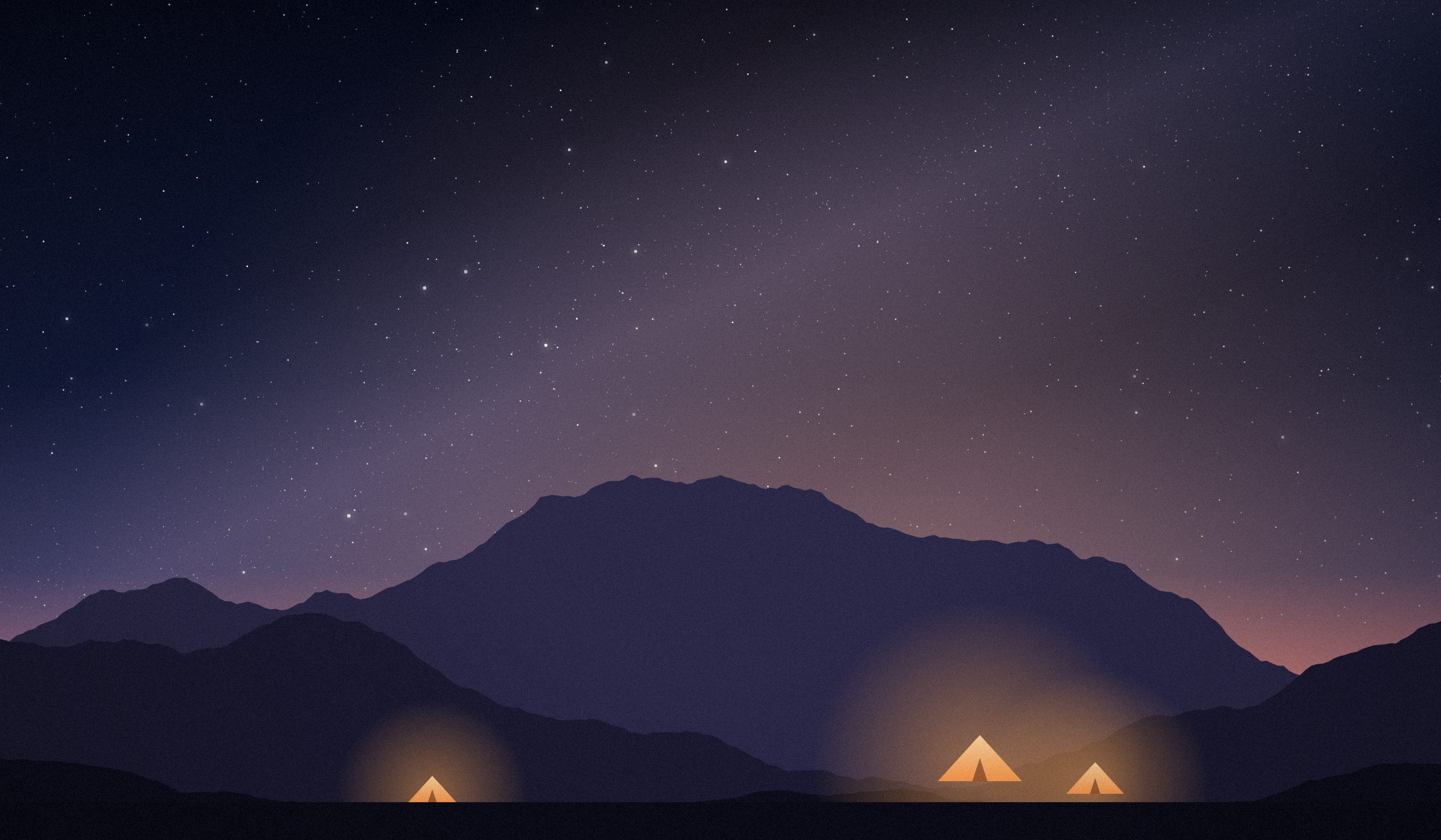 Illustration of tents glowing under a starry sky